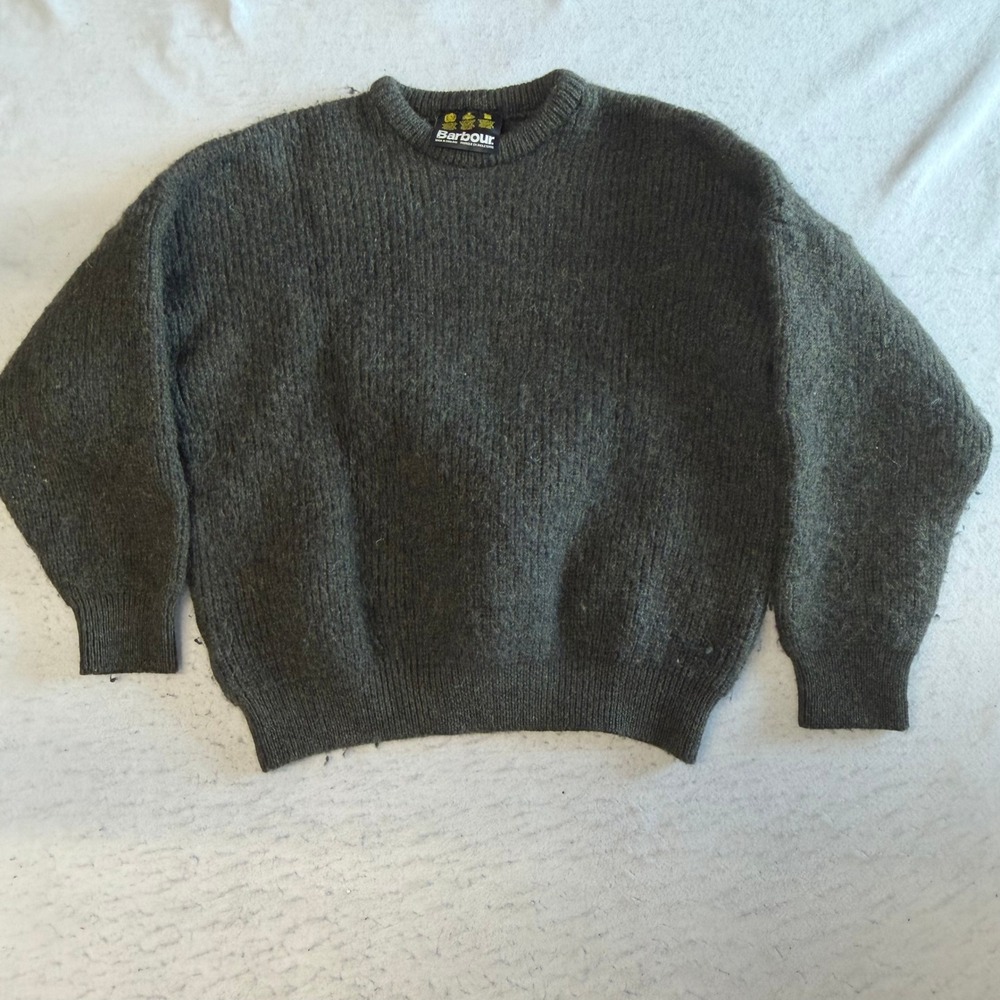 Barbour Wool Sweater Mens 48 Green Crewneck Ribbed Knit Made in England